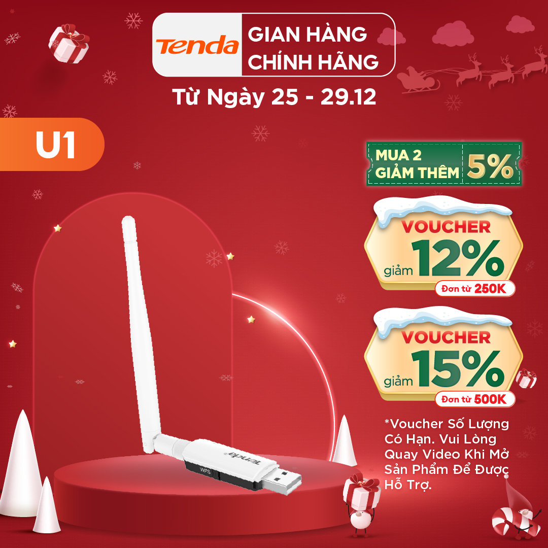 Tenda USB kết nối Wifi 2.4G U1 chuẩn N tốc độ 300Mbps - Hãng phân phối chính thức