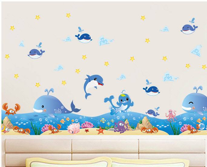 Decal dán chân tường cá voi xanh