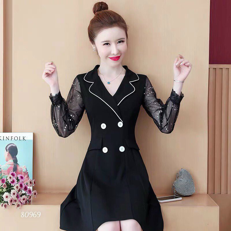 [HCM]ĐẦM CÔNG SỞ CỔ VEST PHỐI NÚT DỄ THƯƠNG-D10