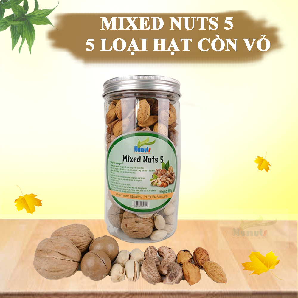 Mix 5 hạt dinh dưỡng còn vỏ (macca úc, hạnh nhân rang bơ, hạt điều, hạt óc chó, hạt dẻ cười không tẩy trắng) hũ 500g