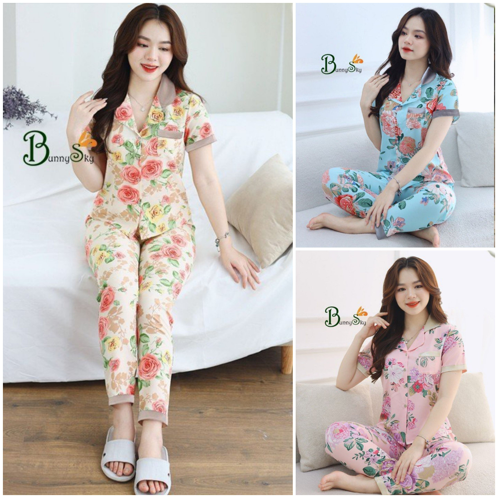 (BunnySky) Đồ bộ mặc nhà, quần áo nữ mẫu pizama lụa, chất lụa mềm mịn nhiều mầu để lựa chọn