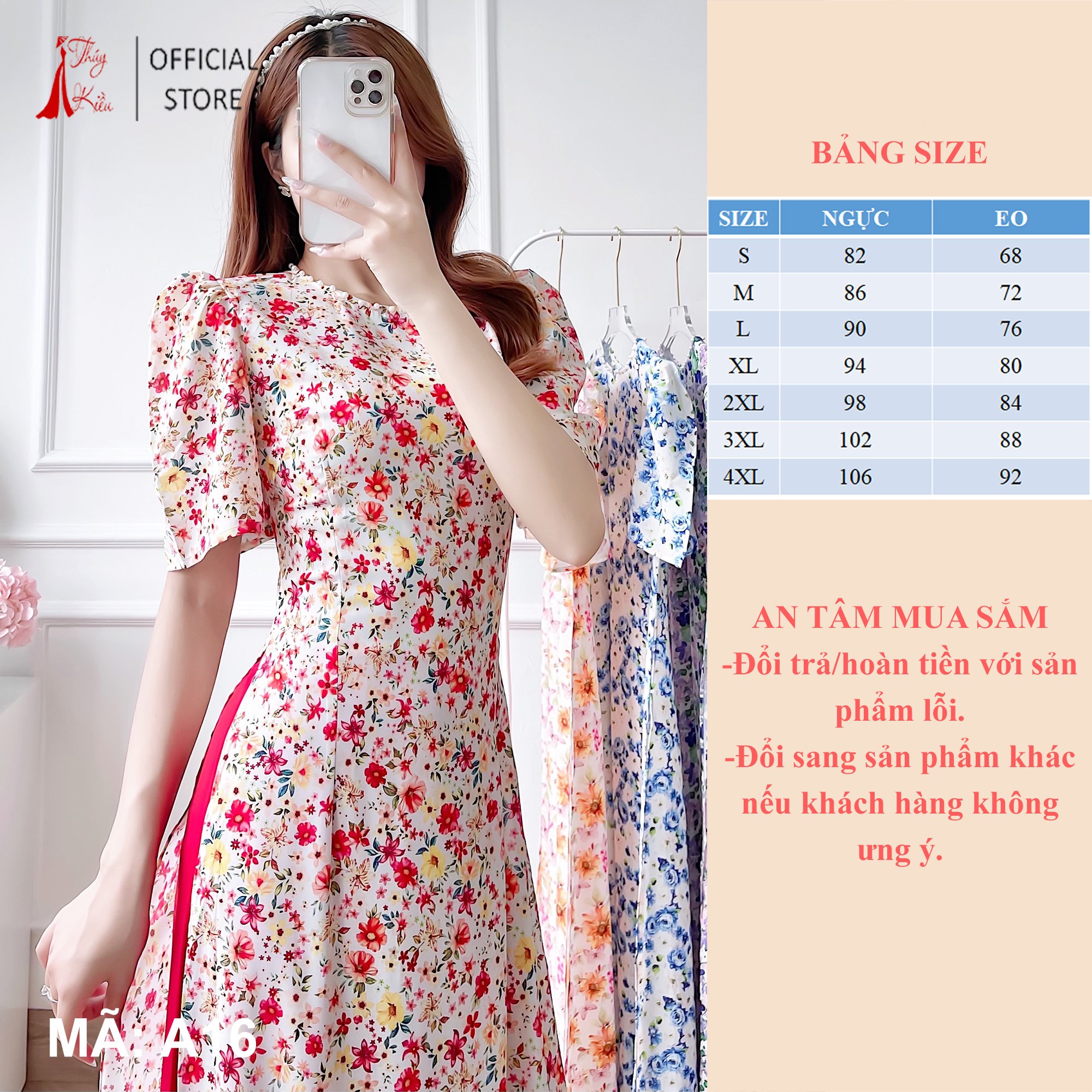Áo dài thiết kế nữ A16 hoa nhí đỏ vàng tay loe cổ đính ngọc kiểu mới cách tân đi dạy lễ tết dự tiệc đẹp