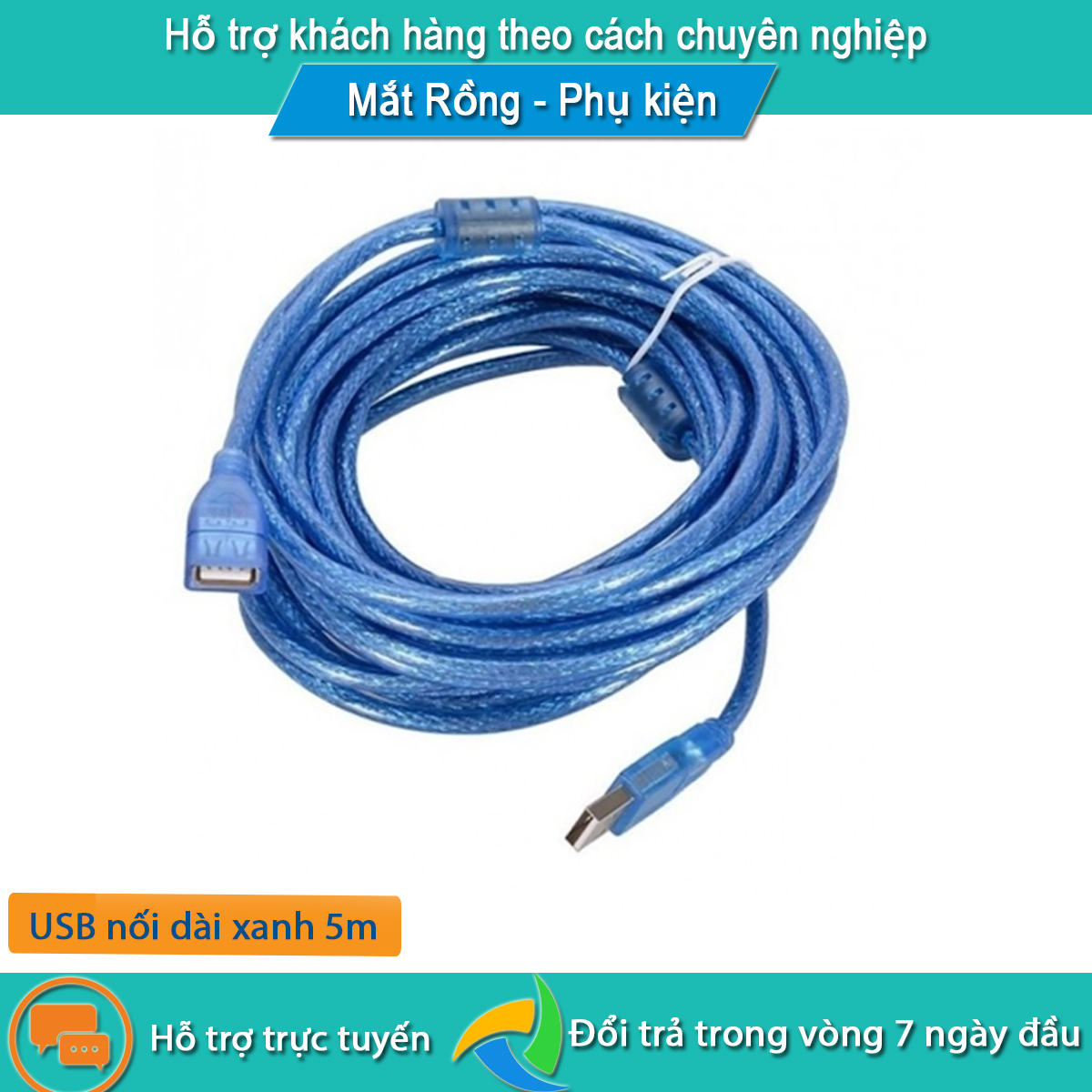 Dây USB 2.0 nối dài màu xanh chống nhiễu loại tốt (xịn) - dây dài 5m