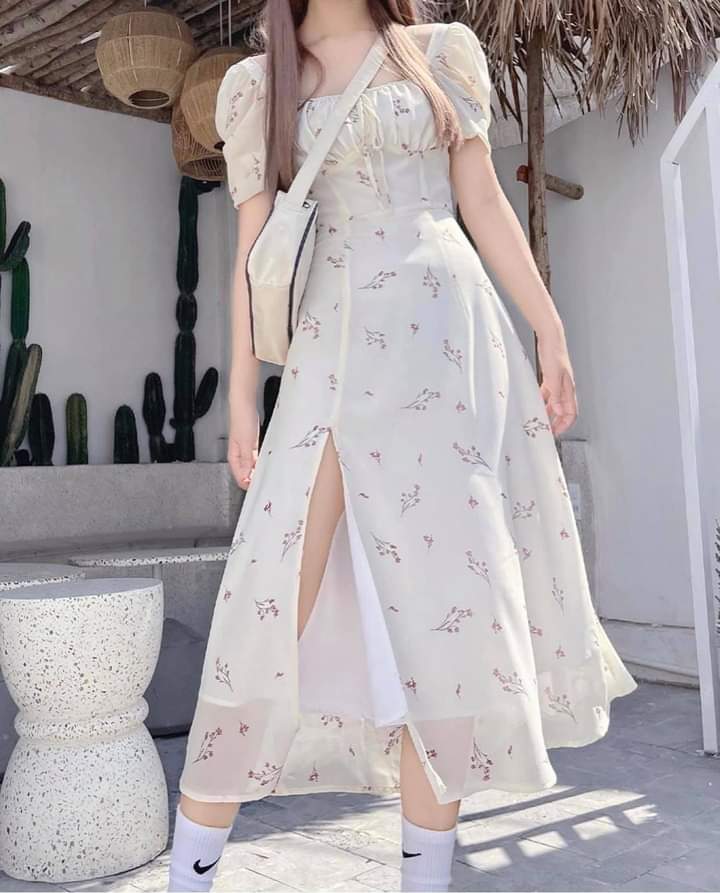 Đầm hoa nhí trắng nơ lưng Váy hoa nhí xòe vải thêu hoa mát mẻ  MiNhi   MiNhi Fashion