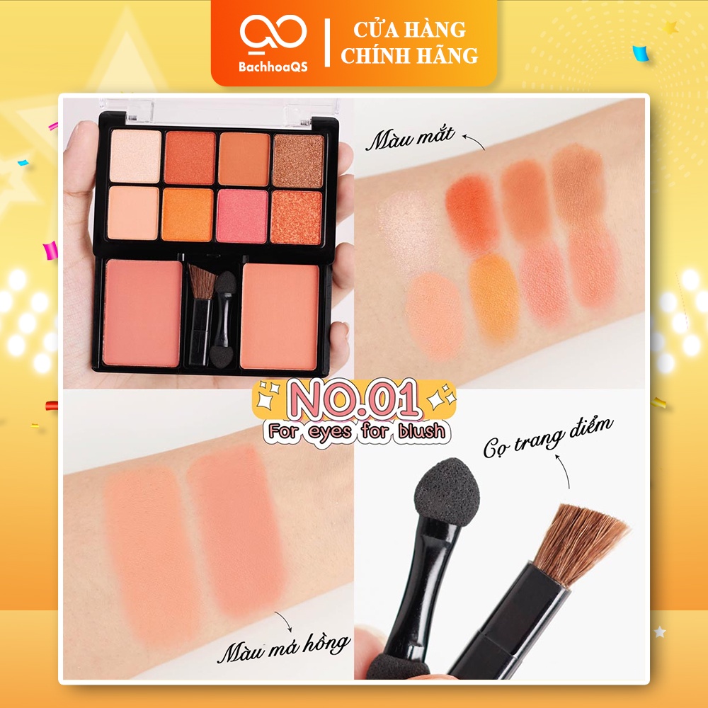 Bảng phấn mắt kèm má hồng odbo tông cam đào, cam gạch for eye for blush ods01 2 tầng