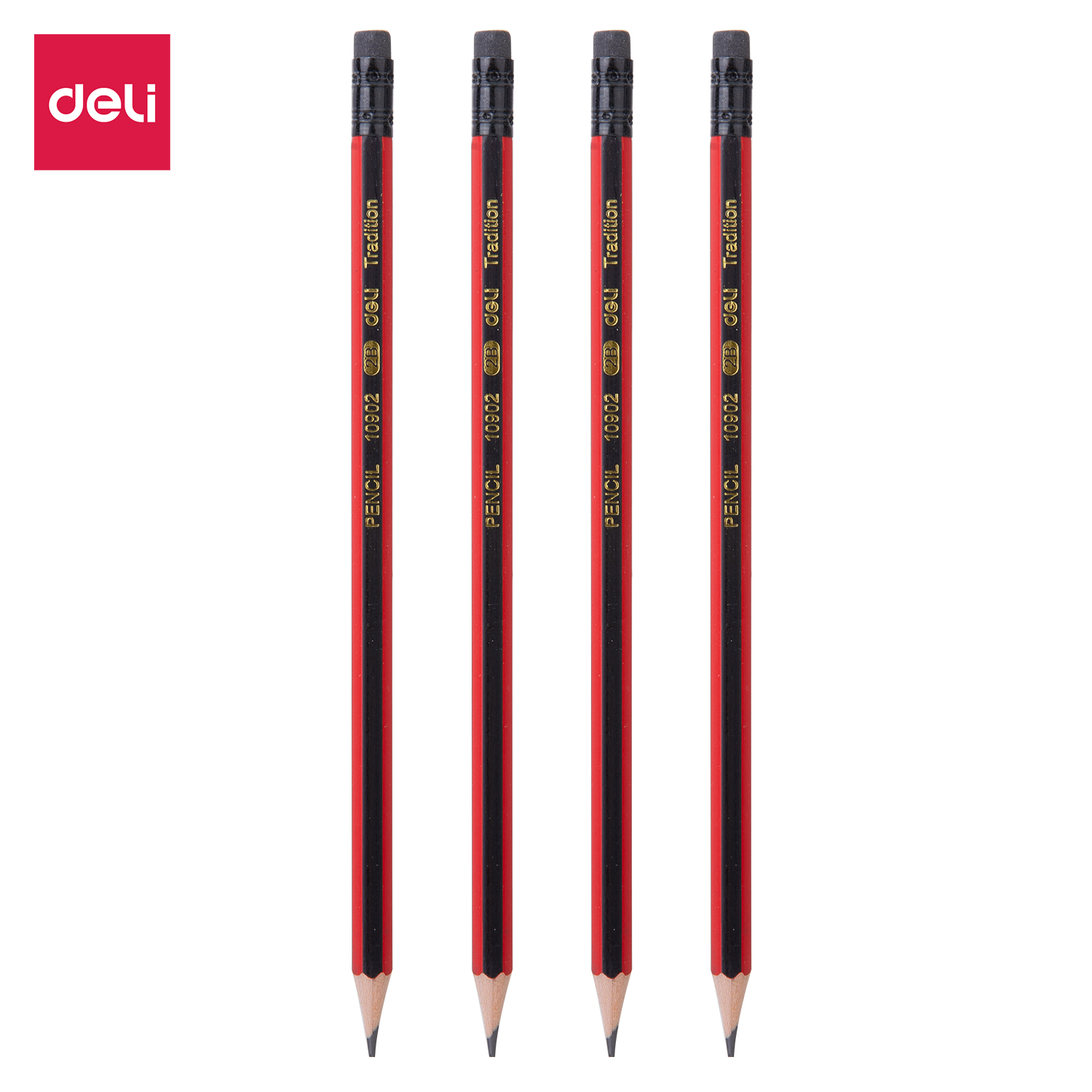 Bút chì lục giác 2B DELI - Sọc đỏ đen - 12 cây/hộp - W10902