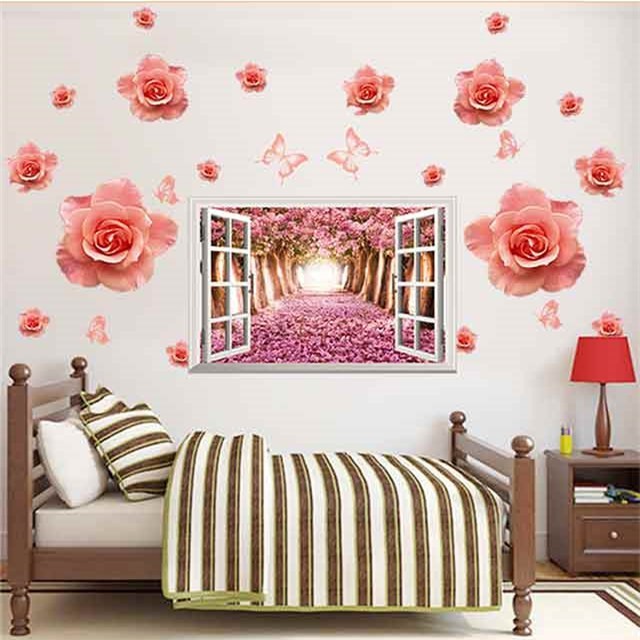 DECAL DÁN TƯỜNG CỬA SỔ ANH ĐÀO VÀ HOA HỒNG 3D