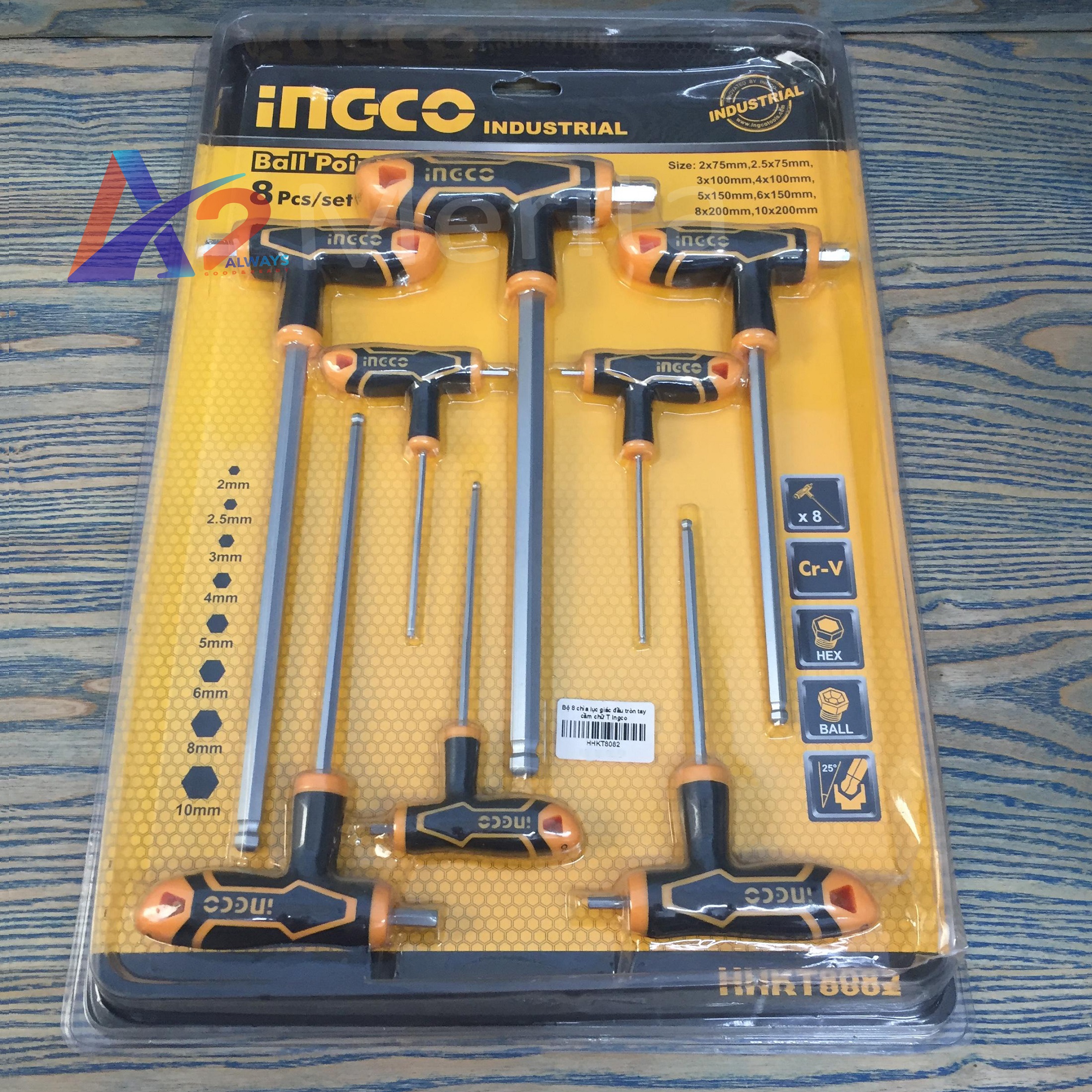 Bộ 8 chìa lục giác đầu tròn tay cầm chữ T Ingco HHKT8082