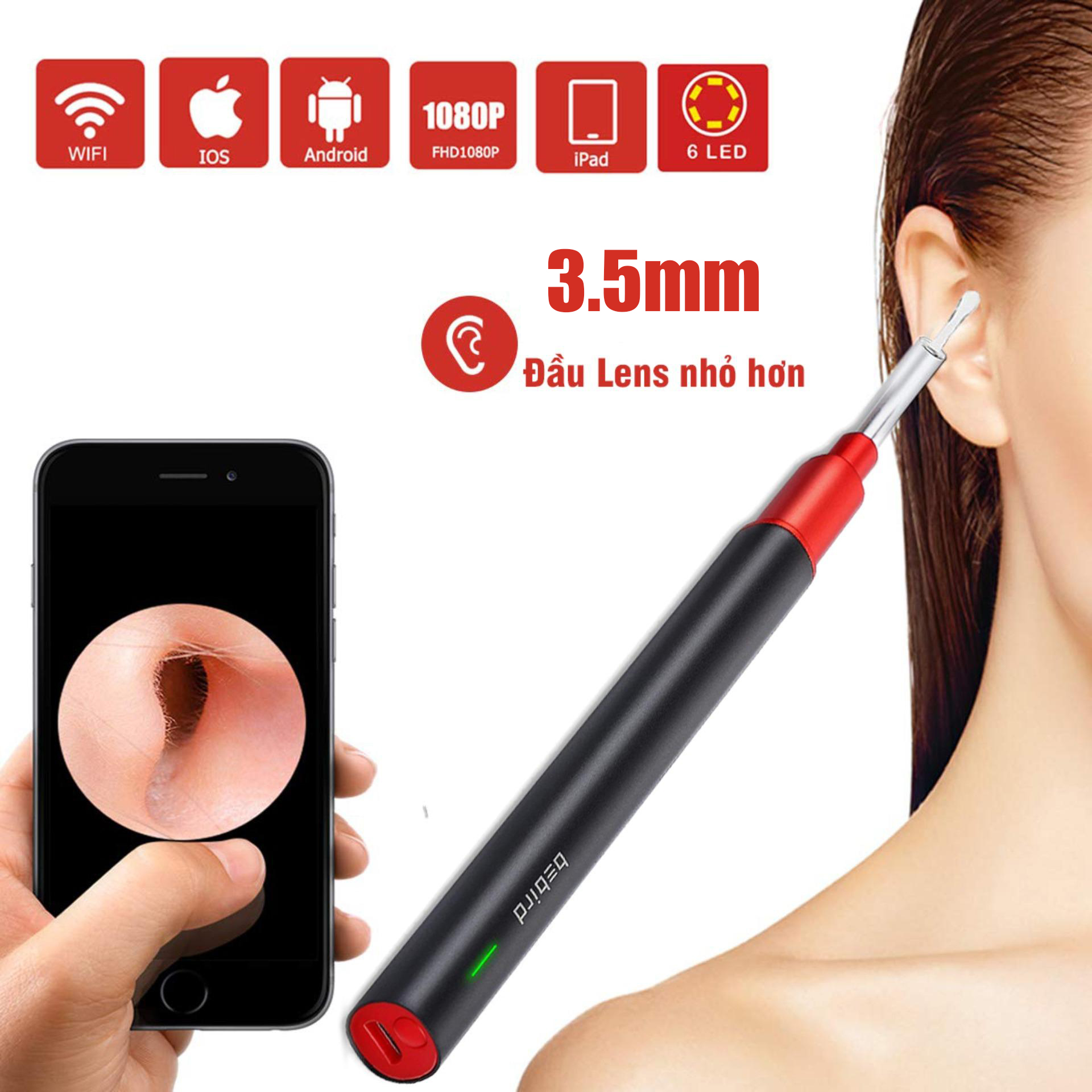Dụng Cụ Lấy Ráy Tai Thông Minh Cảm Biến Bebird A2 Camera Nội Soi Không Dây WiFi 5 Đèn LED và HD 1080P 2Megapixels - Đen - Hãng Phân Phối Chính Thức