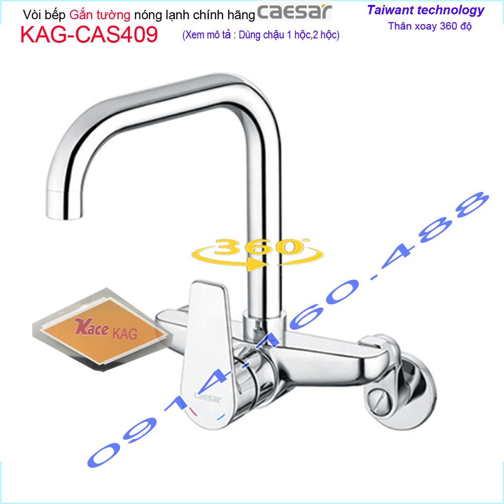 [HCM][Trả góp 0%]Vòi bếp nóng lạnh Caesar KAG-CAS409 cần cao xoay 360 độ, Vòi bồn tắm gắn tường thiết kế đẹp nước mạnh màu chrome bóng chất lượng tốt sử dụng siêu bền