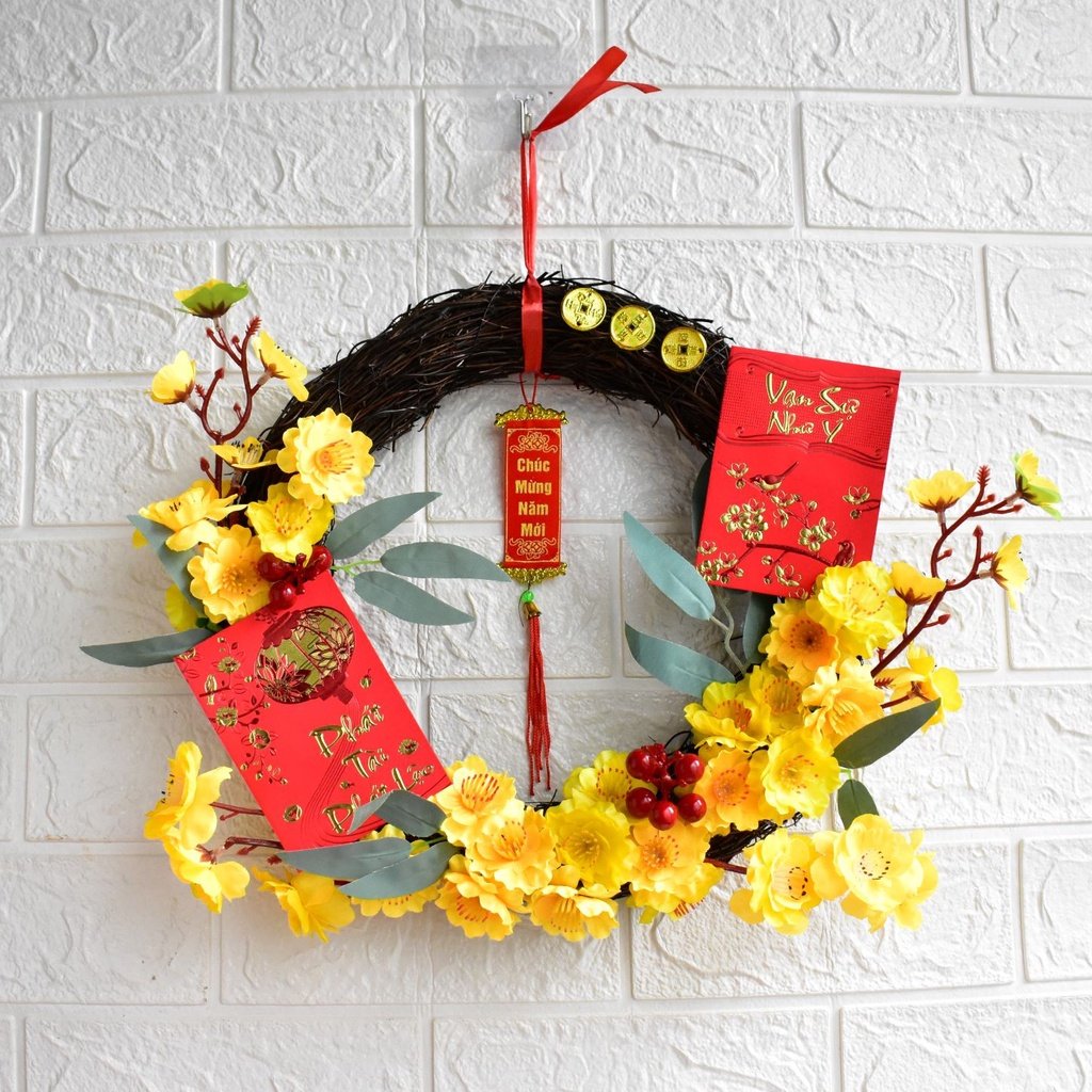 1 vòng hoa mai trang trí tết treo tường - Wreath for Tet pktet pktet59