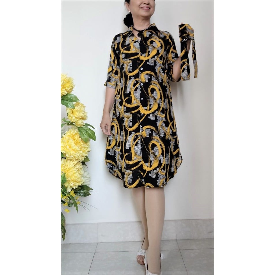 Đầm Trung Niên - Kiểu Sơ Mi  - Vải Lụa Đũi - Size 48KG - 75KG