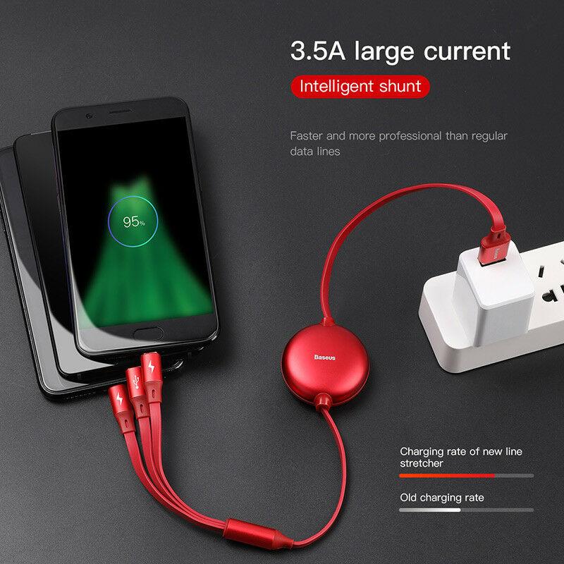 Cáp sạc đa năng siêu bền 3 đầu chuẩn Micro USB, Iphone Ipad, Type C thiết kế dây rút tiện dụng sạc 3 thiết bị một lúc đến từ thương hiệu Baseus