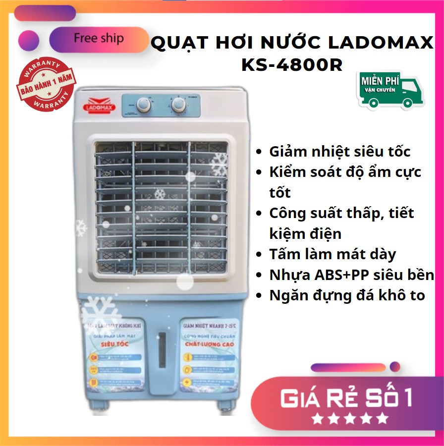 Ladomax air conditioning fan ks-4800r, ultra-fast cooling fan 7 - 15 degrees celsius, high capacity with 3 fan levels, maximum power saving, 35 liter extra large water tank, safe onion 12 months