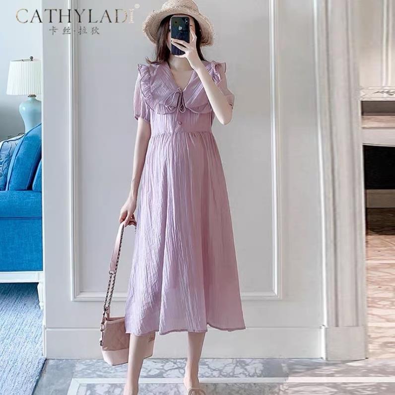 Váy bầu đũi, Đầm bầu Cổ V Màu Tím Pastel