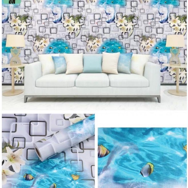 Cuộn 5M decal giấy dán tường (có sẵn keo) - hoa ly cá heo xanh