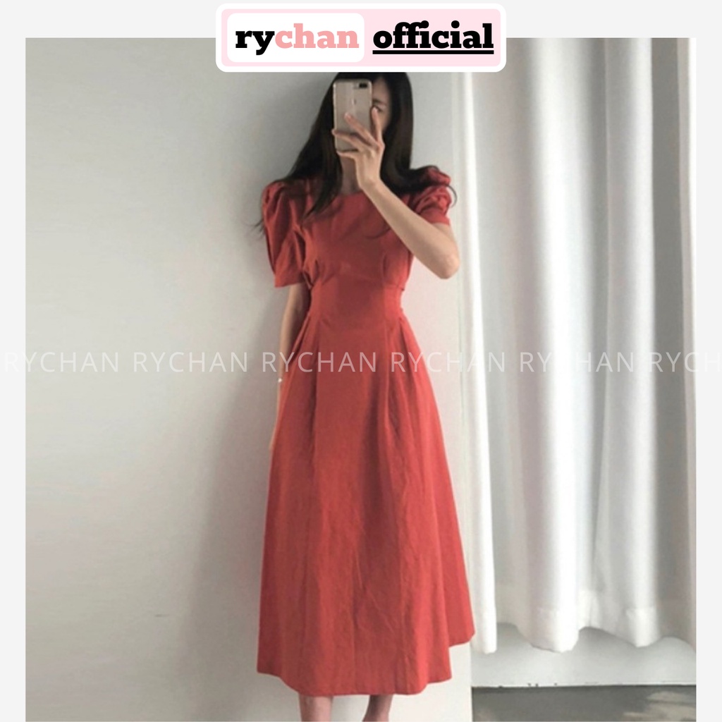 Đầm Xòe Midi Tay Phồng Cột Eo 2 Màu Đơn Giản  - DX0069