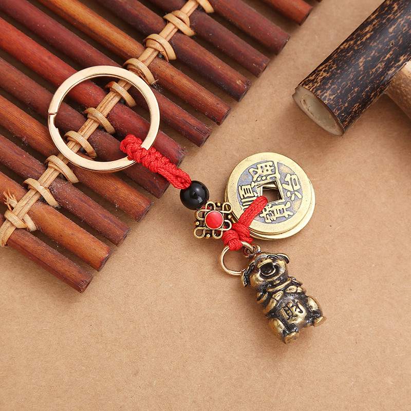 Móc Khóa Đồng Thau Dây Đỏ Ngũ Hoàng Xu Mix Tượng 12 Con Giáp(F-01)
