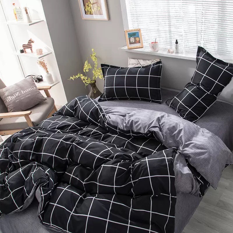 Bộ chăn ga gối phong cách Hàn Quốc caro đen hiện đại bo chun đủ kích thước