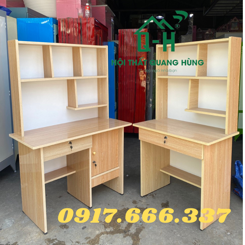 Bàn học sinh liền kệ sách ván ép màu kem giá rẻ - giao hàng hỏa tốc hcm