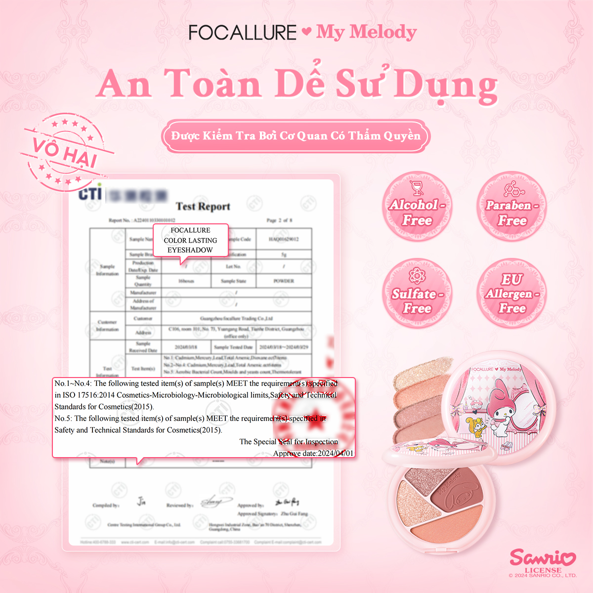 [FOCALLURE x Sanrio] Bảng Phấn Mắt 4 Màu Lâu Trôi