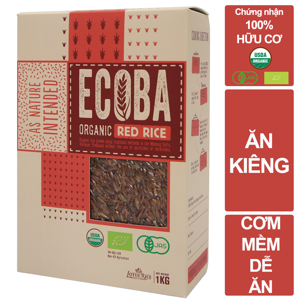 Gạo lứt đỏ ăn kiêng hữu cơ - ECOBA Huyết Rồng 1kg - Gạo lức đỏ mềm dễ ăn