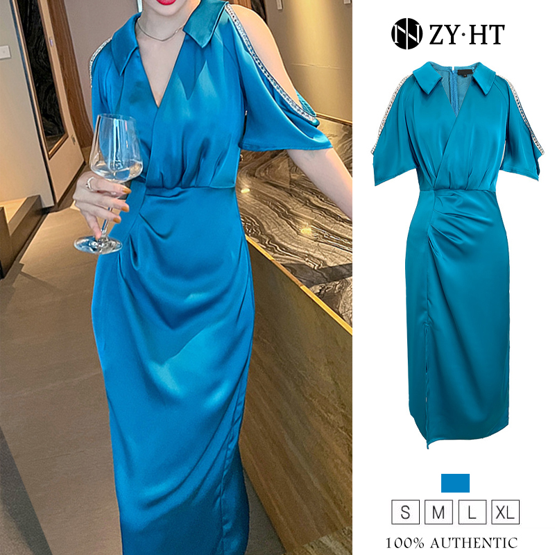 ZYHT eravogue Váy nữ đầm xanh đầm form rộng đầm midi đầm lệch vai satin đầm công sở đầm công sở đầm gợi cảm đầm hàn quốc đầm công sở đầm dạ hội 5764