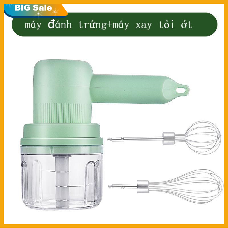 Máy xay cầm tay đa năng 2in1 kiêm đánh trứng, trộn bột, xay tỏi ớt - Máy đánh trứng cầm tay mini du lịch pin sạc điện