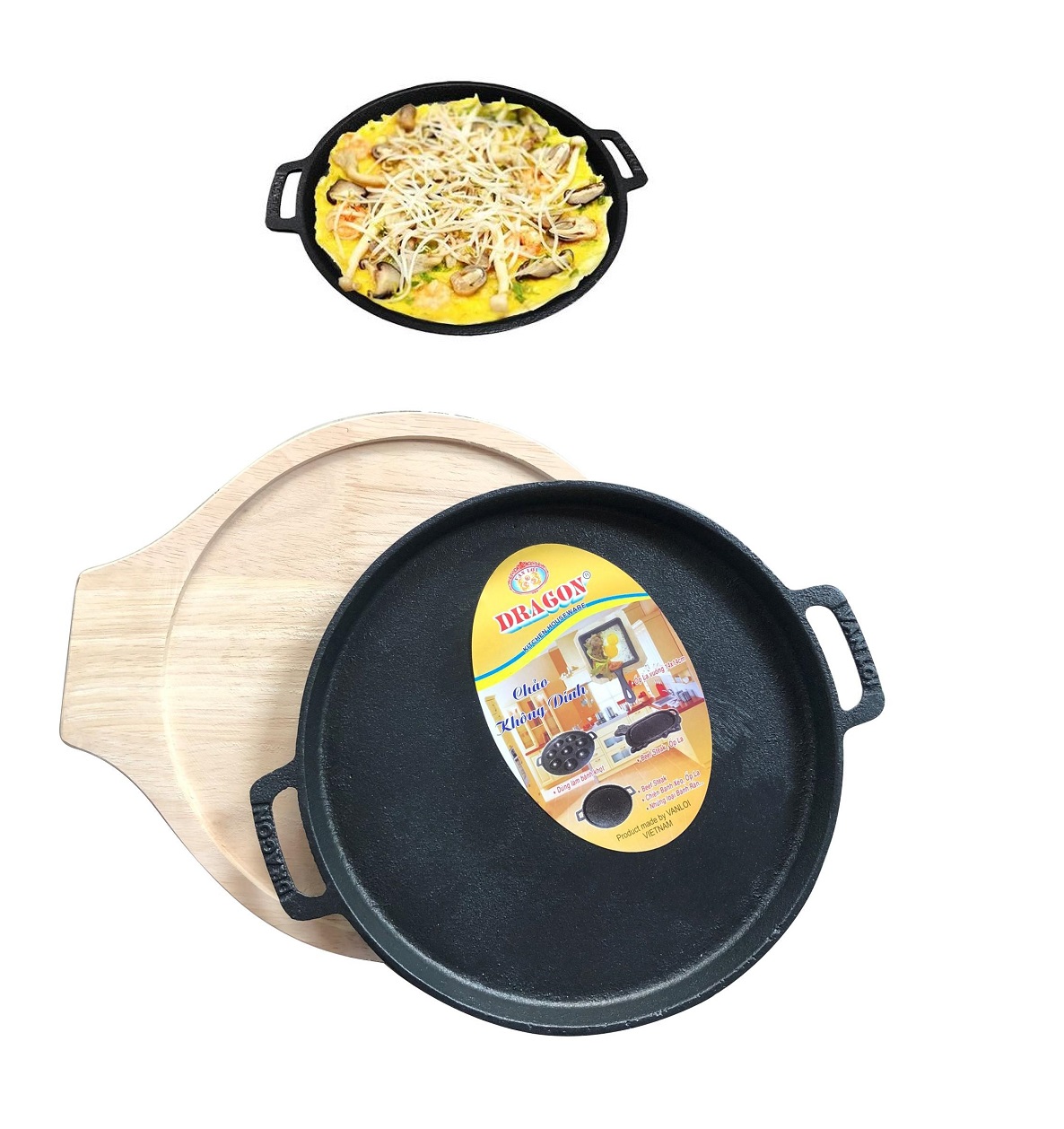 Chảo Gang Chống Dính Làm Bánh Xèo, Bánh Mì 19CM Chảo Kèm Đế Gỗ Cao Cấp Tiện Dụng