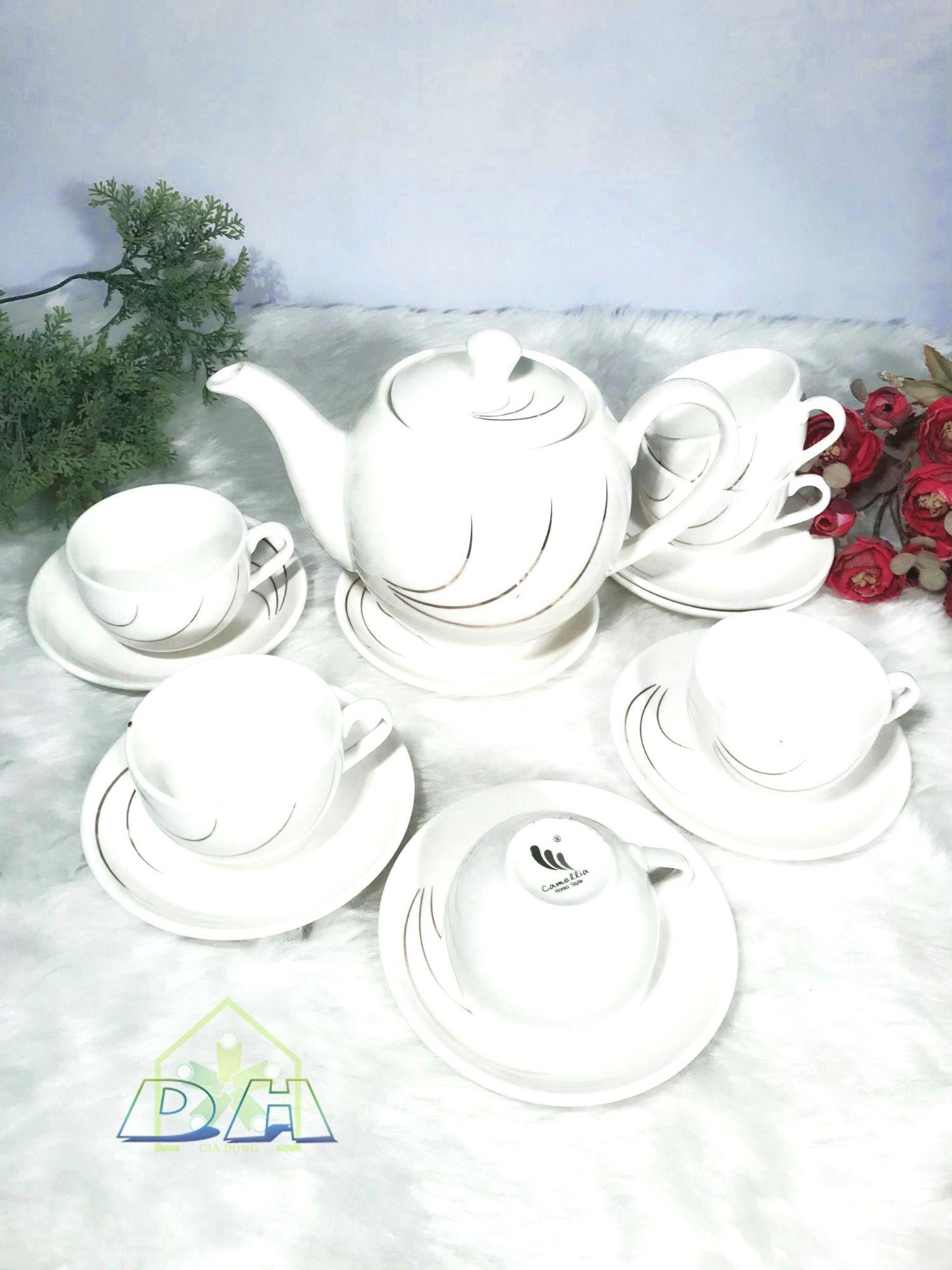 Bộ ấm chén uống trà camellia Style Korea, sọc