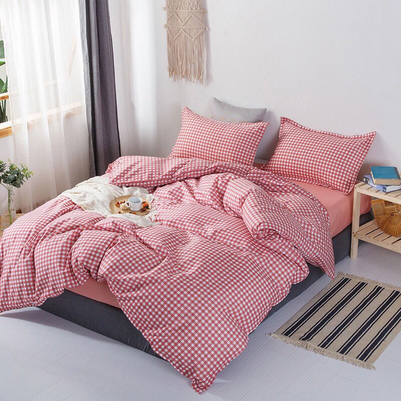 Chăn ga gối Cotton poly - Mẫu Caro hồng.
