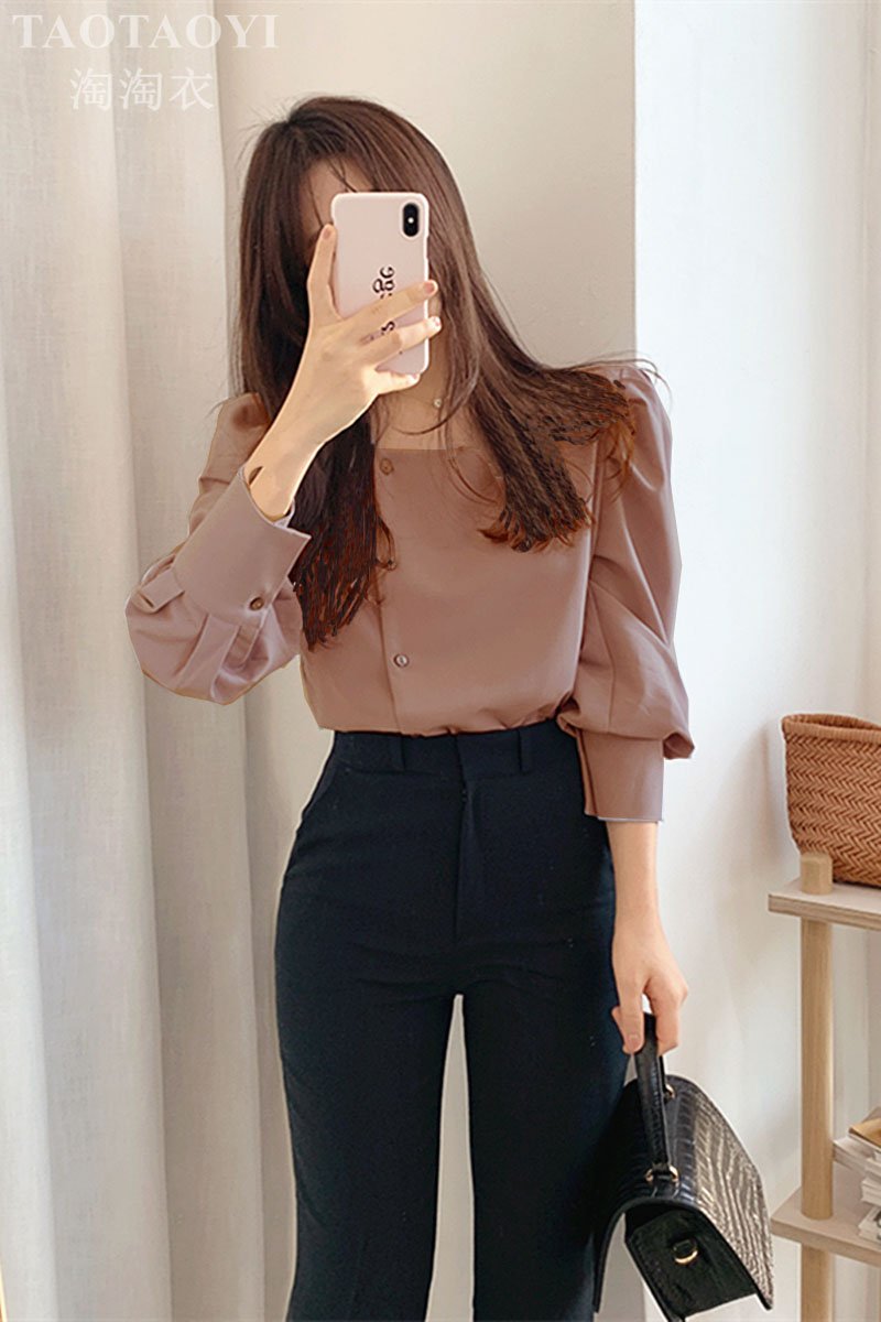 ÁO CỔ VUÔNG PHỐI NÚT Phong Cách Hàn Quốc Cực Hot