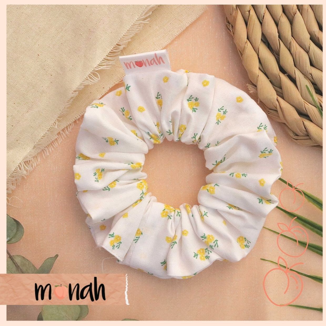 [HCM]Dây buộc tóc cột tóc scrunchie cotton trắng hoa vàng tiểu thư nhẹ nhàng