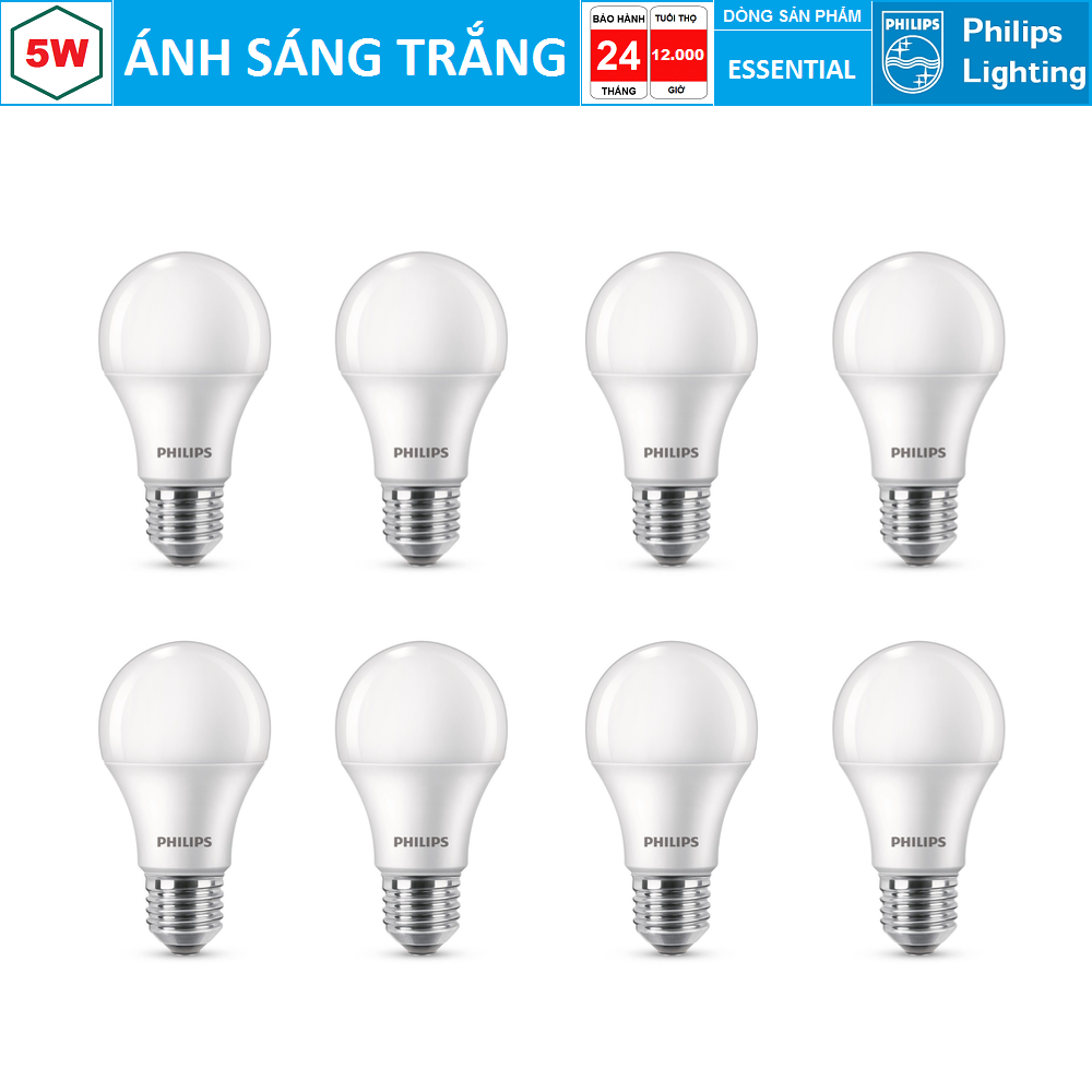( Bộ 8 ) Bóng LED Bulb Philips Essential 5W E27 ( Ánh sáng trắng & vàng )