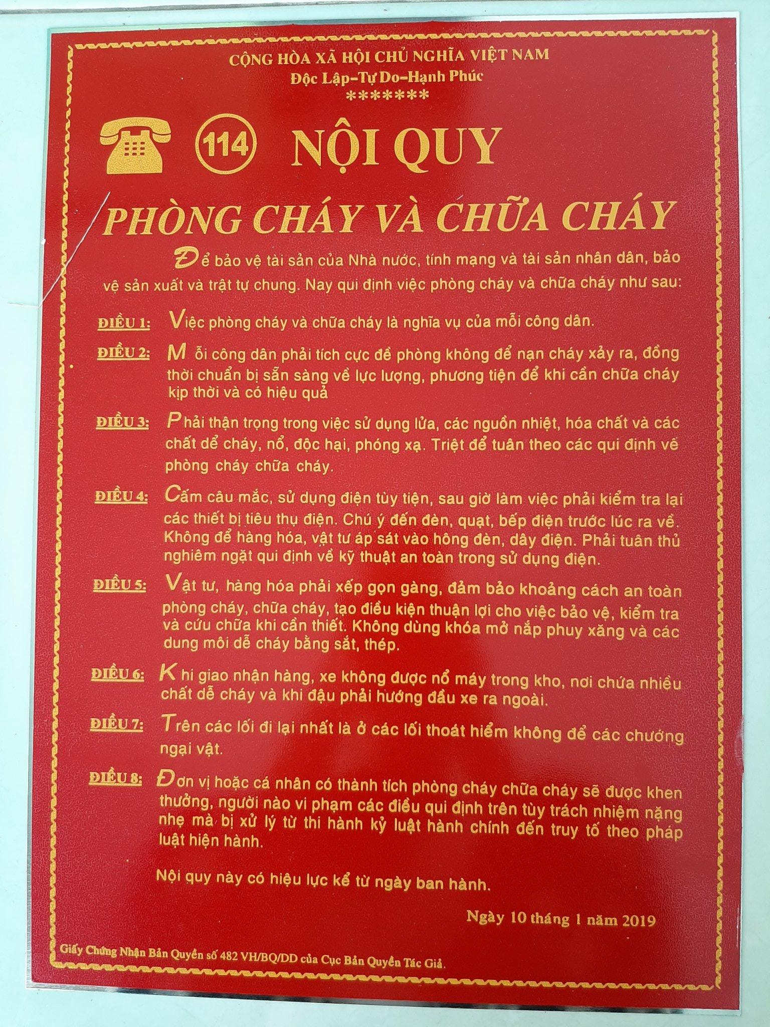 Bộ nội quy tiêu lệnh PCCC cho dãy phòng trọ ( hình thật 100%)