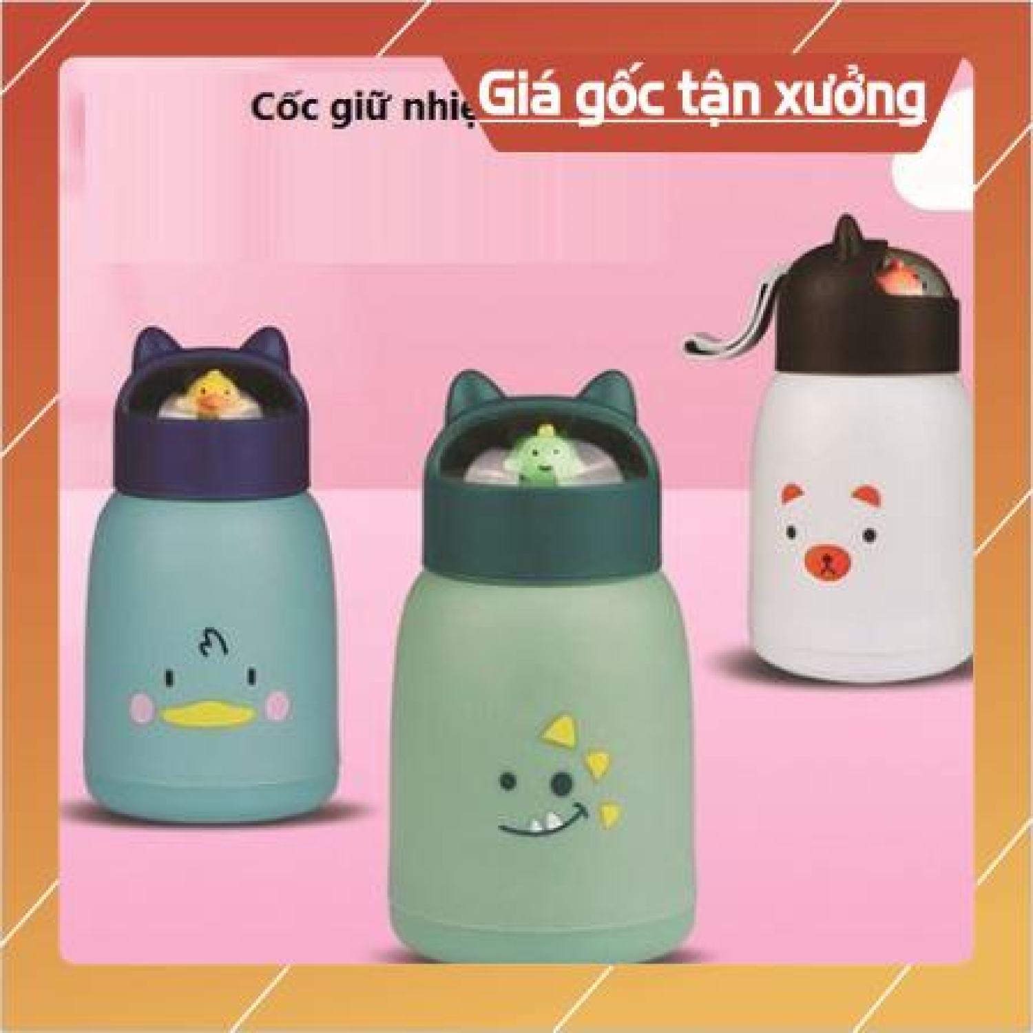 Bình nước giữ nhiệt tai mèo 360ml nắp thú dễ thương lõi thủy tinh bọc nhựa cách nhiệt