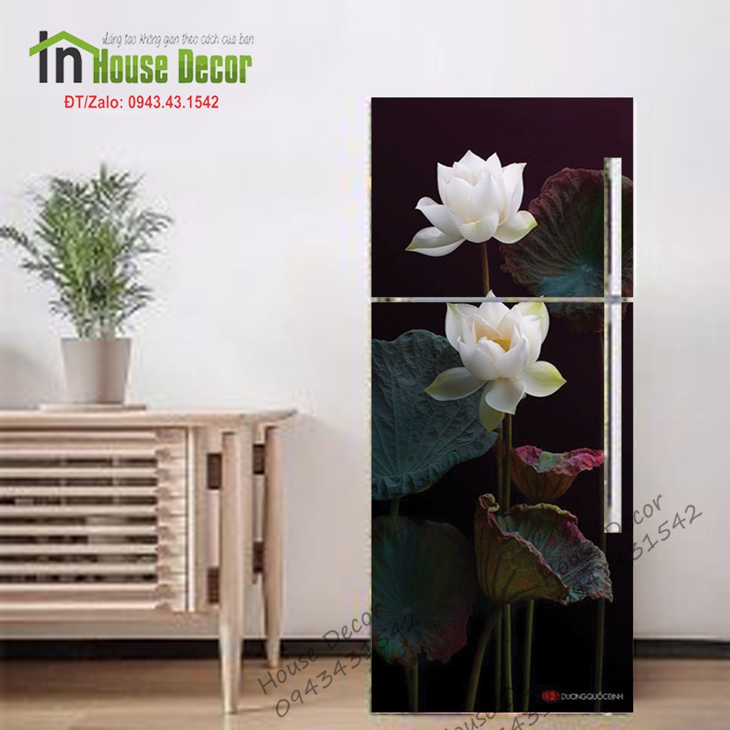 Decal dán trang trí tủ lạnh mẫu Hoa Sen chất liệu cao cấp. Nhựa PVC độ bền cao không thấm nước - House Decor Sen 2