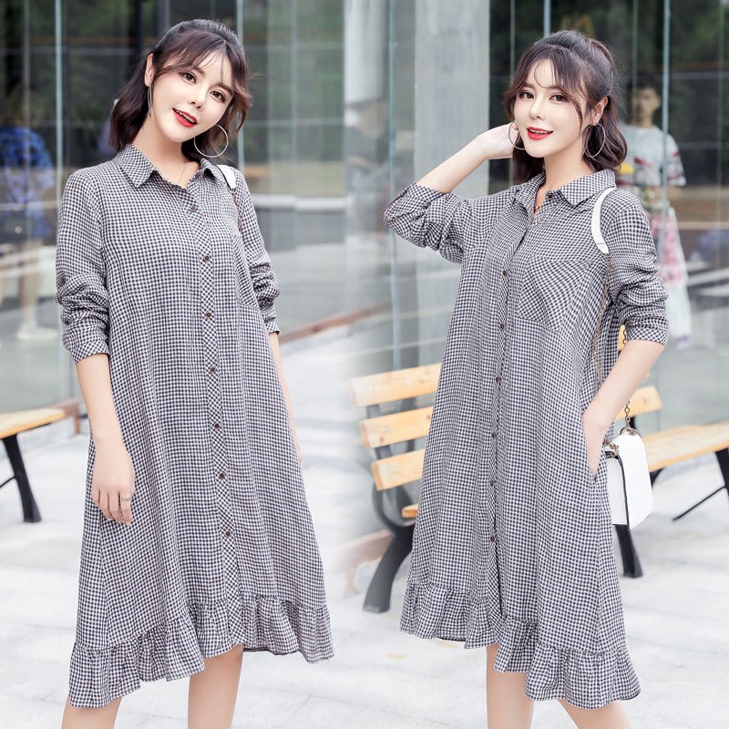 Váy bầu kẻ đen dáng sơ mi đuôi nhún
