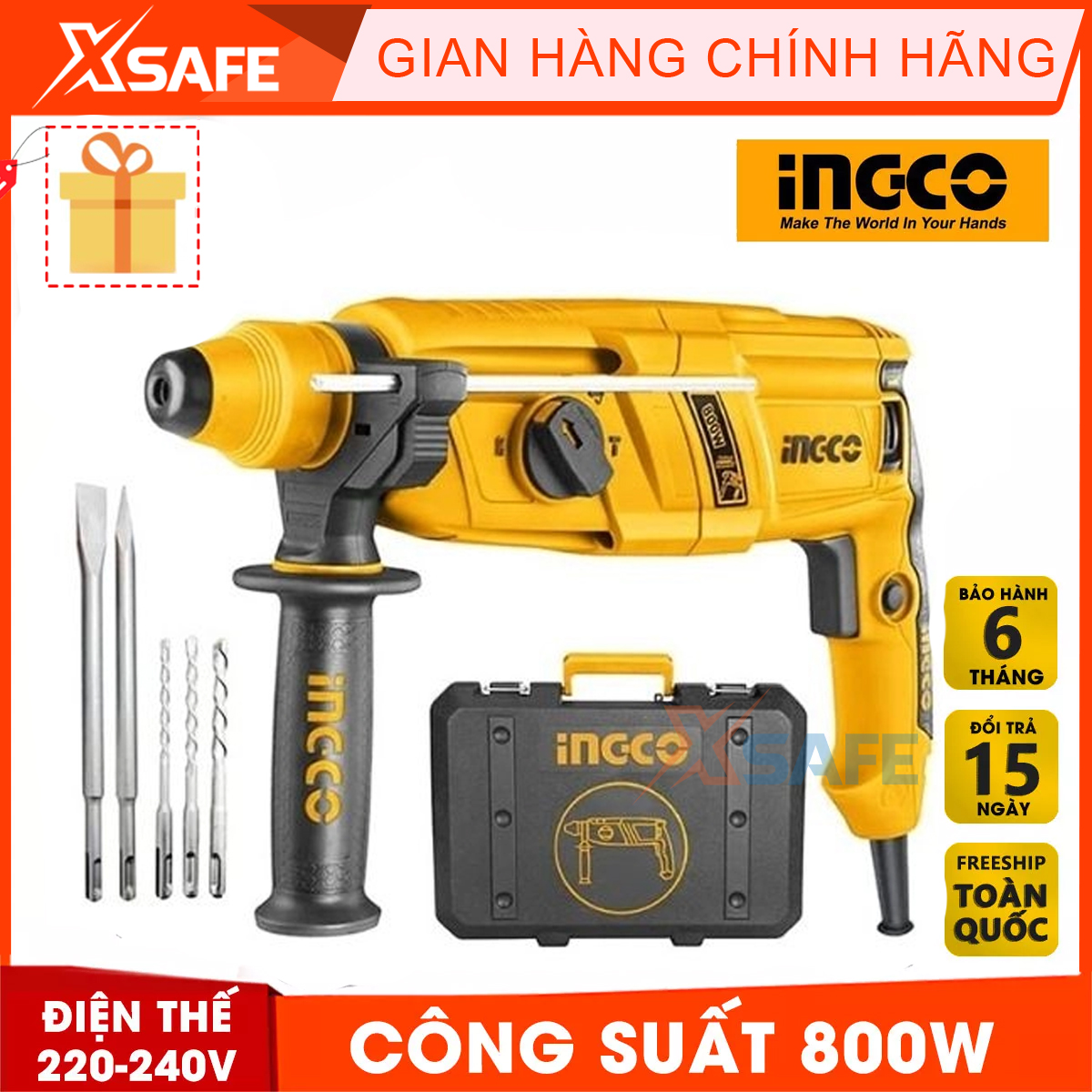 Machine drill chisel ingco RGH9028 bundled 3 drill bit Tuck and 2 tip chisel. Machine drill chisel hand have no-load speed 0-1200rpm. Force beating 2.5j, genuine warranty 6 months-product genuine xsafe