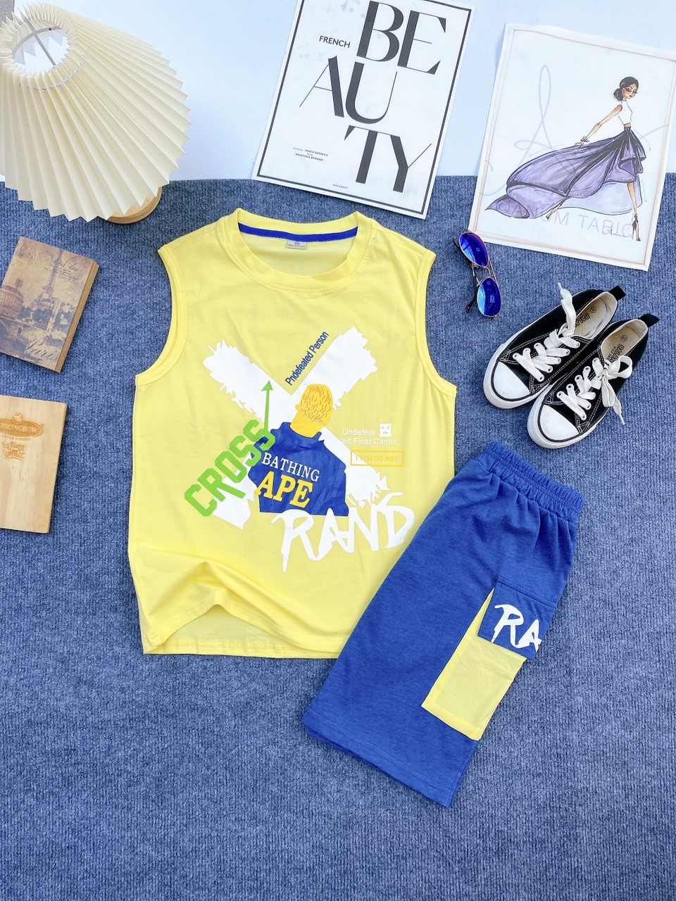 Bộ thun coton sát nách đại cồ bé trai, Thun coton 4 chiều đẹp, co giãn quần có túi 2 bên