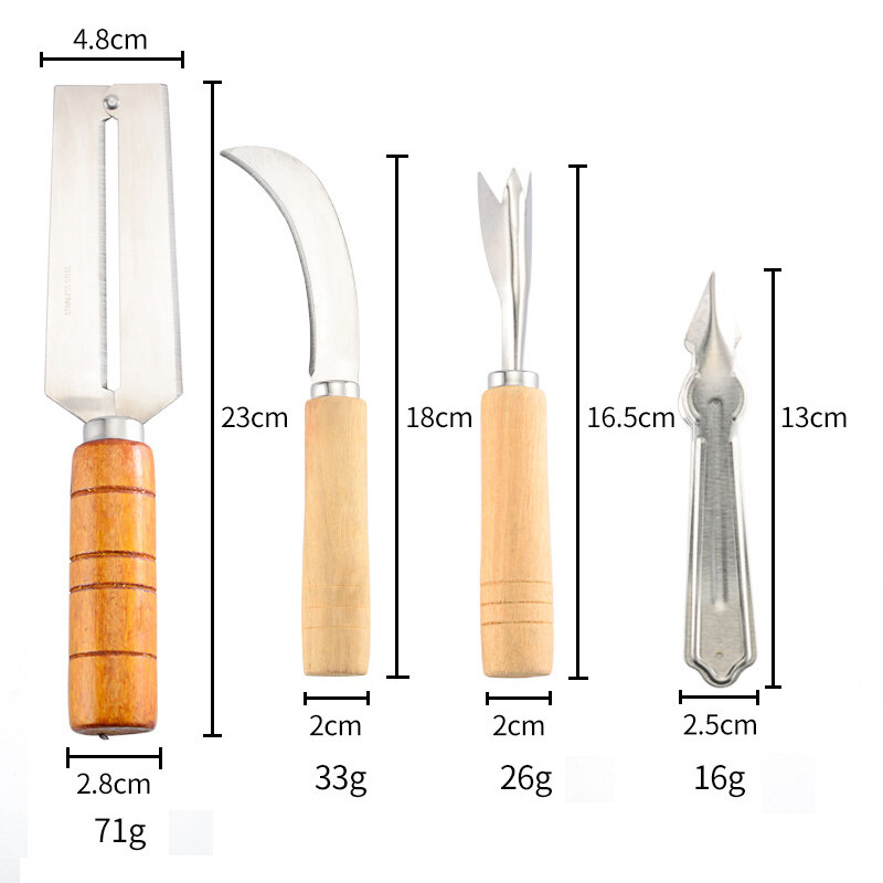 Stainless steel pineapple knife set eye remover pineapple clip V-shaped scimitar paring knife four-piece pineapple tool
