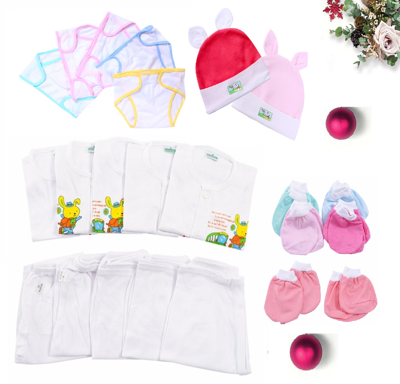 27 PCs newborn baby clothing set five color button romper + 5 PCs pants + 10 PCs armrests + 2 caps + 5 PCs diapers