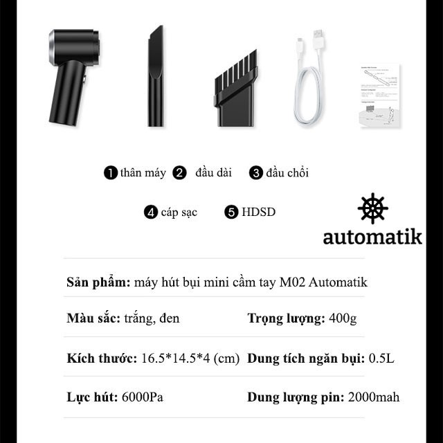 Máy Hút Bụi Mini Không Dây, Máy Hút Bụi Giường Đệm Công Suất Lớn 120W Lực Hút 9000pa, Máy Hút Bụi Ô Tô Hoạt Động Êm Ái, Pin Sạc 2000mAh