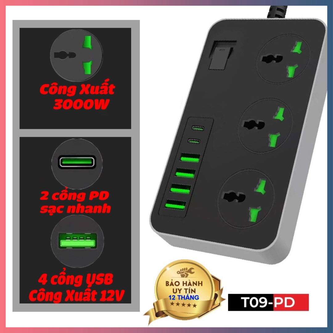 Ổ Cắm Điện Thông Minh Type C Đa Năng T09 - PD Công Suất Lên Tới 3000W Với Dây Dài 2m ,Đảm Bảo An Toàn Chống Cháy Nổ