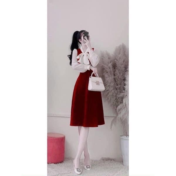 Đầm dự tiệc - Váy dáng xoè phối tay chất dạ nhung có khoá sau