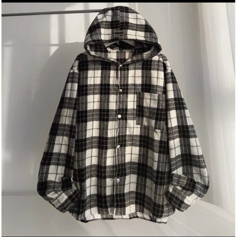 Áo Khoác Sơ Mi Chống Nam Nữ Phối Nón 2 Lớp Dày Dặn Chạy Sọc Caro Nổi Bât_Form Rộng Ulzzang HóT Trend_TP