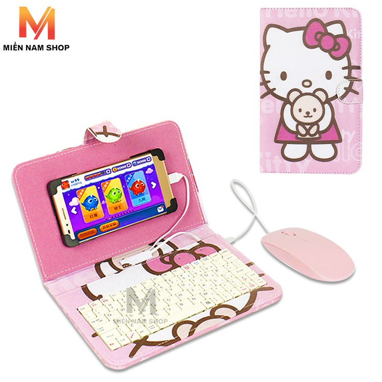 Combo bao da bàn phím + chuột + lót chuột hình hellokitty ôm gấu cho điện thoại máy tính bảng từ 4 đến 7 inch
