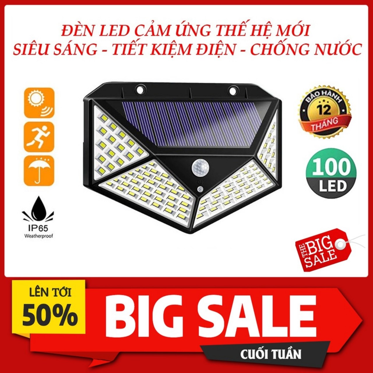 ĐÈN NĂNG LƯỢNG MẶT TRỜI Solar 100 Led - Tự Động Sáng Khi trời tối, tự động sáng khi có người đến gần, chống nước chống bụi chuẩn IP66 ,sử dụng liên tục 6-8 tiếng, ánh sáng tỏa đều với 100 bóng led