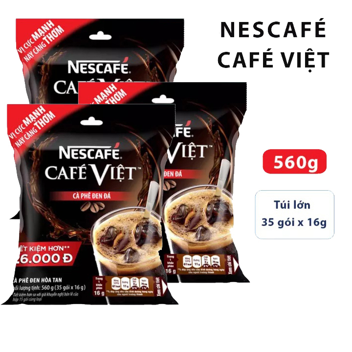 Combo 3 bịch Cà phê hòa tan Nescafé café Việt cà phê đen đá (Túi 35 gói x 16g)