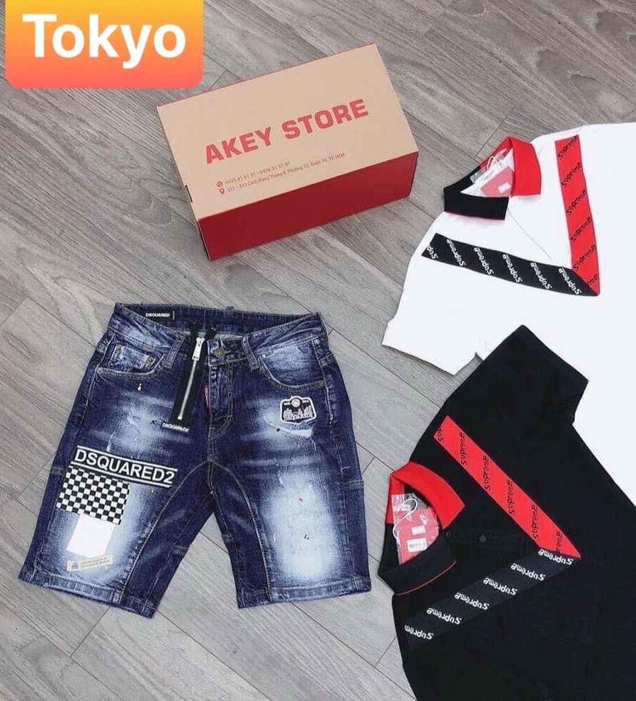 QUẦN SỌT SHORT LỬNG JEAN NAM CHẤT BÒ XANH ĐẬM THÊU CARO CUTE TK-74 - TOKYO FASHION